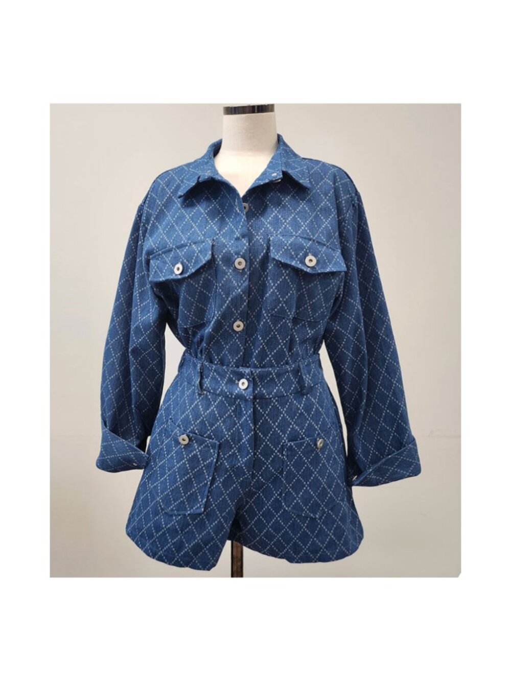 Dark Denim Diamond Pattern Back-Elastic Shorts Two-Piece Set Top